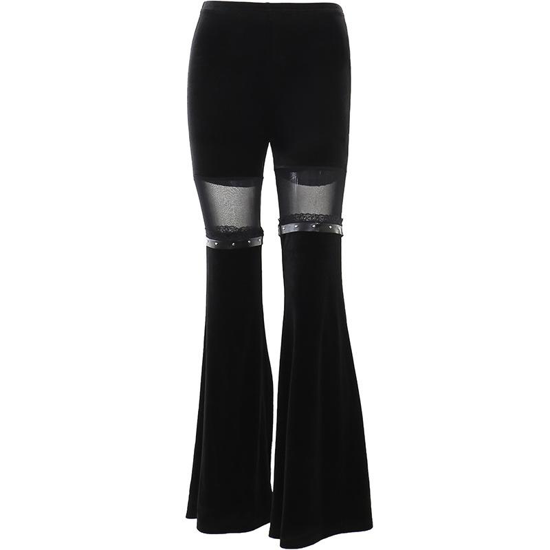 acelimosf™-Mesh patchwork solid lace hem velvet flared pant goth Alternative Darkwave Fashion goth Emo Darkwave Fashion