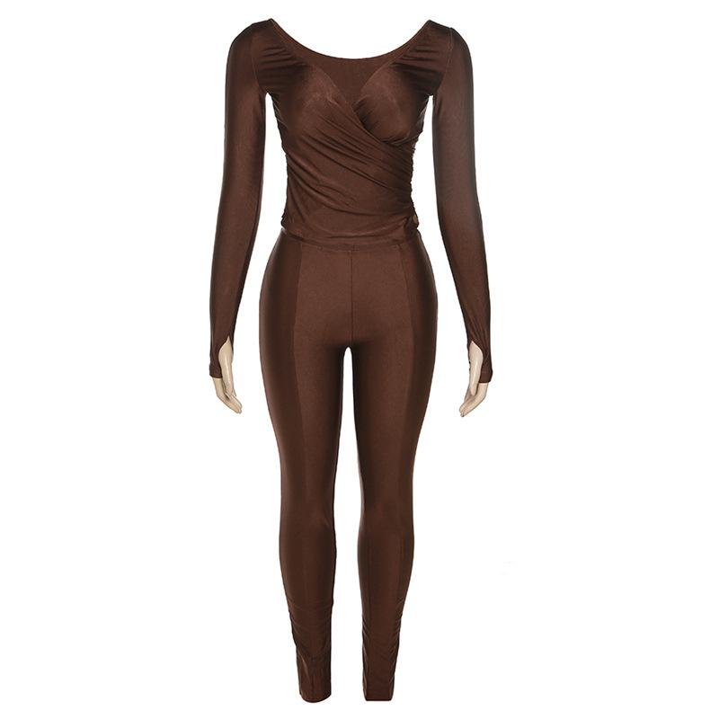 acelimosf™-Gloves solid v neck long sleeve ruched pant set