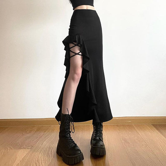 acelimosf™-Slit ruffle medium rise solid lace up irregular midi skirt goth Alternative Darkwave Fashion goth Emo Darkwave Fashion