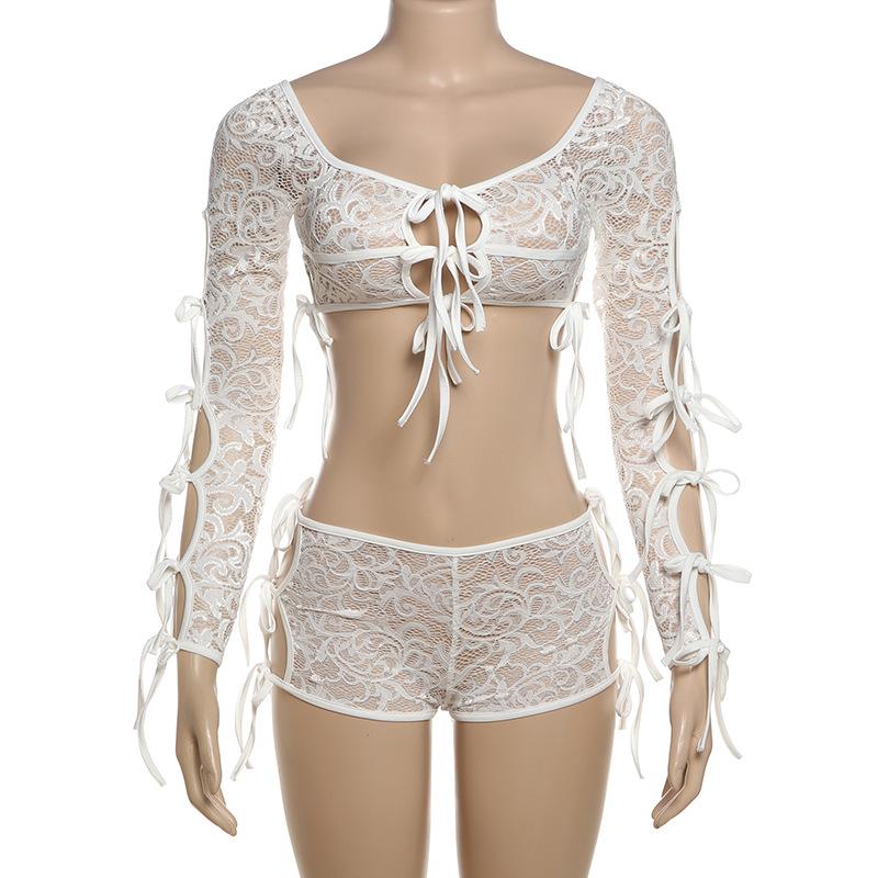 acelimosf™-Long sleeve self tie lace see through hollow out pant set