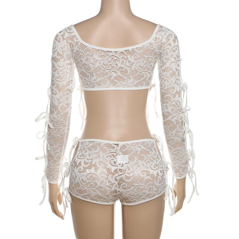 acelimosf™-Long sleeve self tie lace see through hollow out pant set