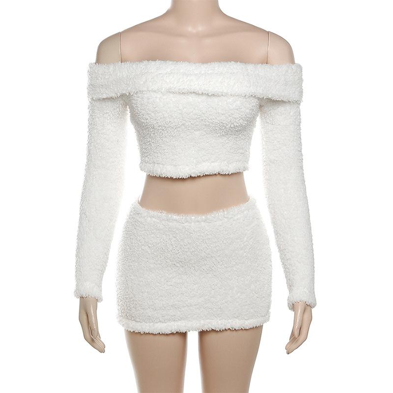 acelimosf™-Fluffy solid off shoulder long sleeve mini skirt set