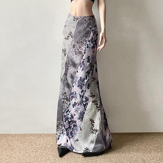 acelimosf™-Flower print contrast maxi skirt