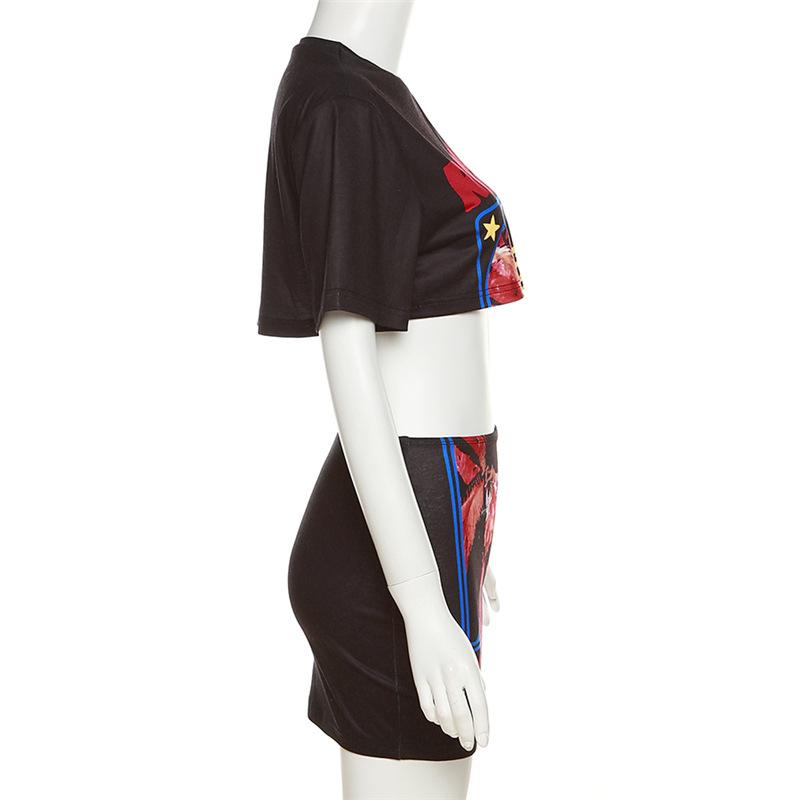 acelimosf™-Crewneck short sleeve abstract contrast mini skirt set y2k 90s Revival Techno Fashion