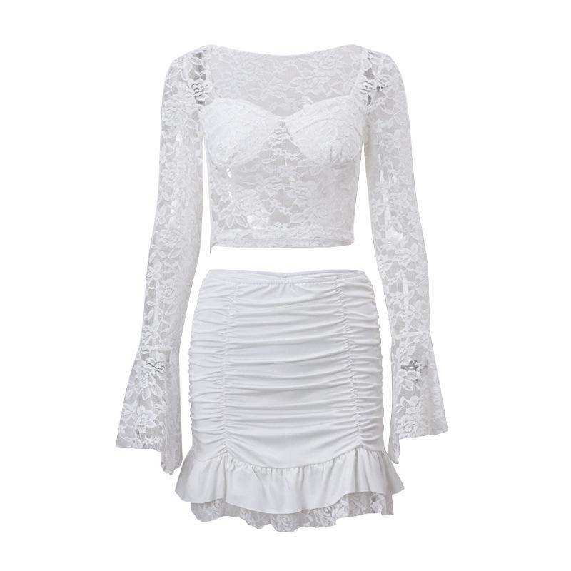 acelimosf™-Long flared sleeve sweetheart neck lace ruched ruffle mini skirt set