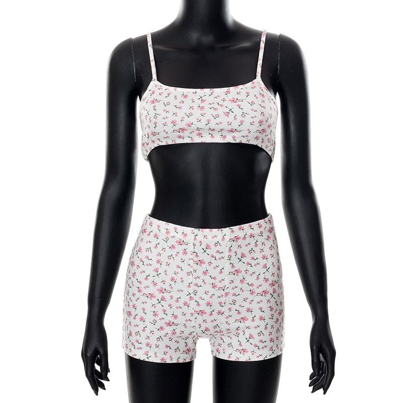 acelimosf™-Floral print textured cami crop top short pant set y2k 90s Revival Techno Fashion