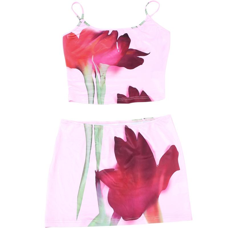 acelimosf™-U neck flower print cami mini skirt set