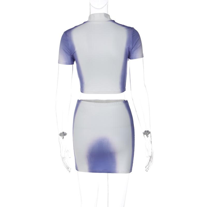 acelimosf™-Short sleeve high neck contrast body print mini skirt set y2k 90s Revival Techno Fashion