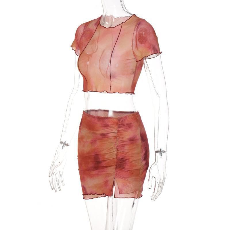 acelimosf™-Ruffled sheer mesh print short sleeve skirt set