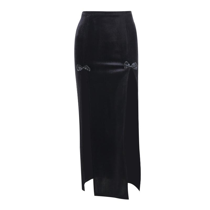 acelimosf™-Velvet slit bowknot solid high rise maxi skirt y2k 90s Revival Techno Fashion