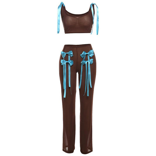 acelimosf™-Bowknot applique sheer mesh self tie tank pant set