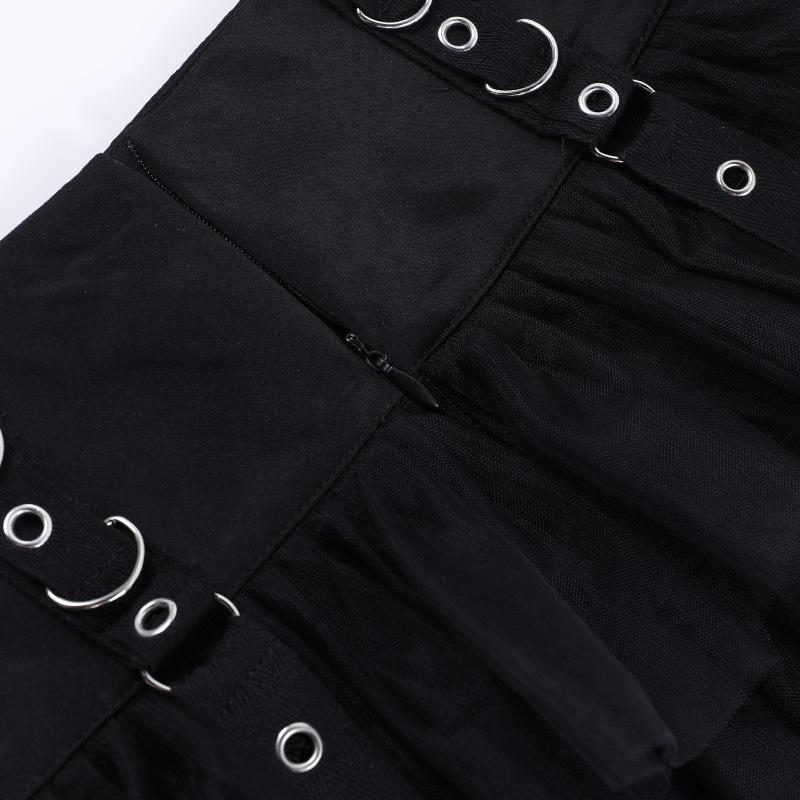 acelimosf™-Buckle mesh zip-up ruched A line mini skirt goth Alternative Darkwave Fashion goth Emo Darkwave Fashion