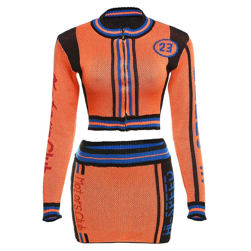 acelimosf™-Knitted long sleeve contrast zip-up mini skirt set