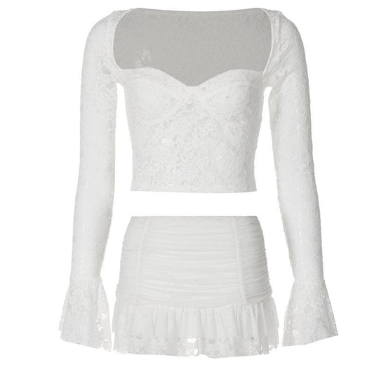 acelimosf™-Long flared sleeve ruched lace sweetheart neck solid mini skirt set