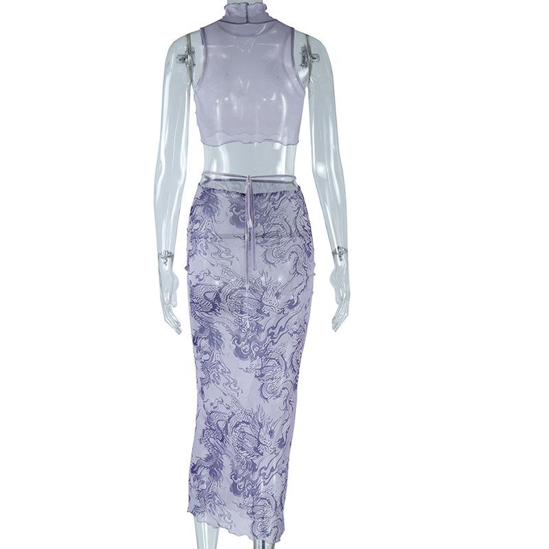 acelimosf™-High neck dragon print sheer mesh ruffle midi skirt set