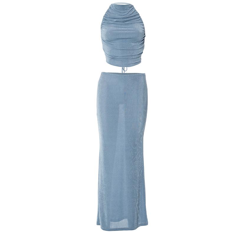 acelimosf™-Halter solid backless self tie ruched maxi skirt set