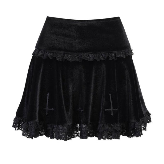 acelimosf™-Solid A line lace hem spider web pattern mini skirt y2k 90s Revival Techno Fashion