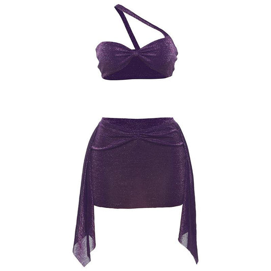 acelimosf™-One shoulder irregular knotted ruched backless mini skirt set