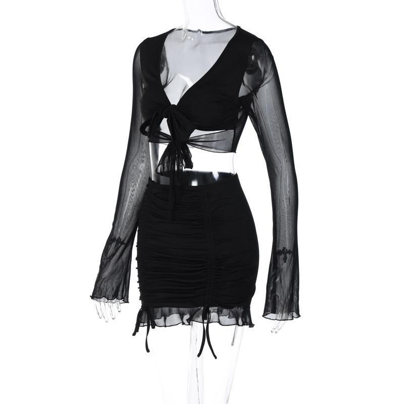 acelimosf™-Long sleeve v neck drawstring mesh solid ruffle mini skirt set