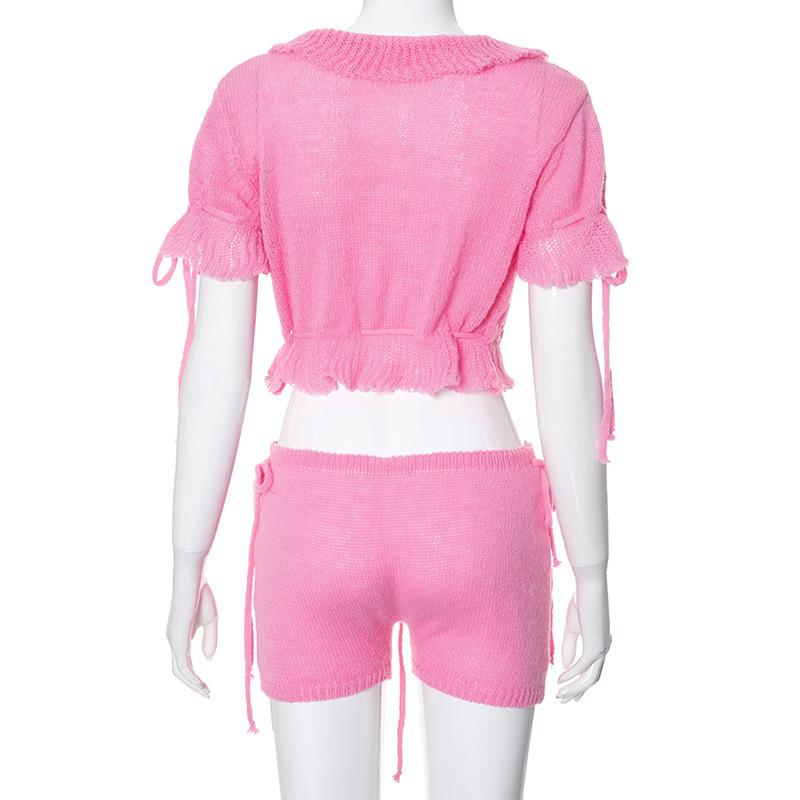 acelimosf™-Short sleeve ruffle knitted drawstring ruched pant set