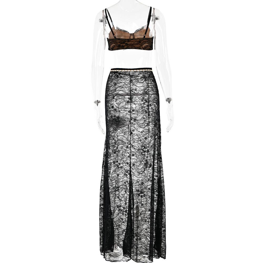 acelimosf™-Lace see through v neck contrast cami maxi skirt set