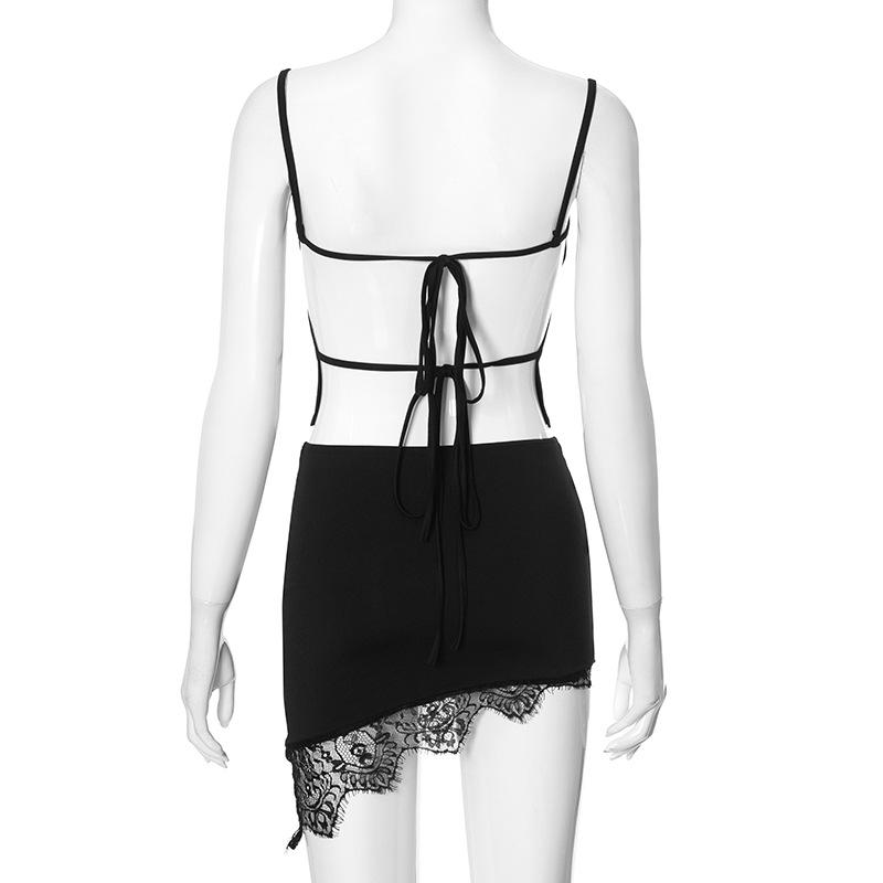 acelimosf™-Lace hem backless irregular solid cami mini skirt set