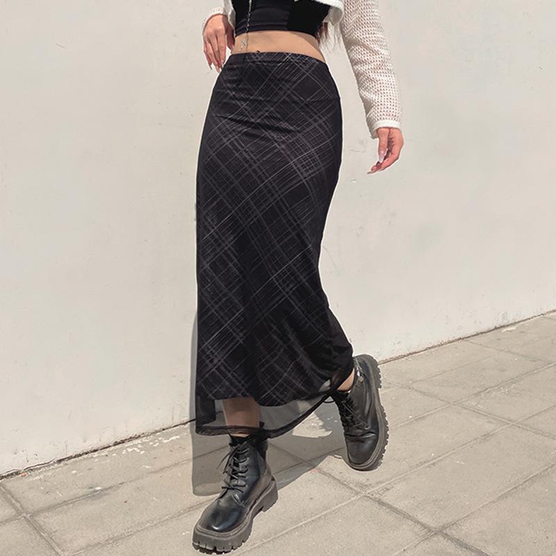 acelimosf™-Mesh plaid contrast high rise midi skirt grunge 90s Streetwear Disheveled Chic Fashion grunge 90s Streetwear Distressed Fashion