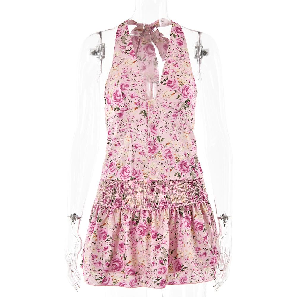 acelimosf™-Halter smocked button flower print mini skirt set