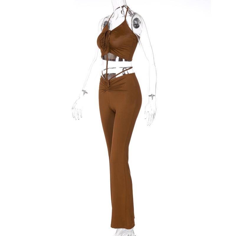 acelimosf™-Self tie halter drawstring ruched backless solid flared pant set