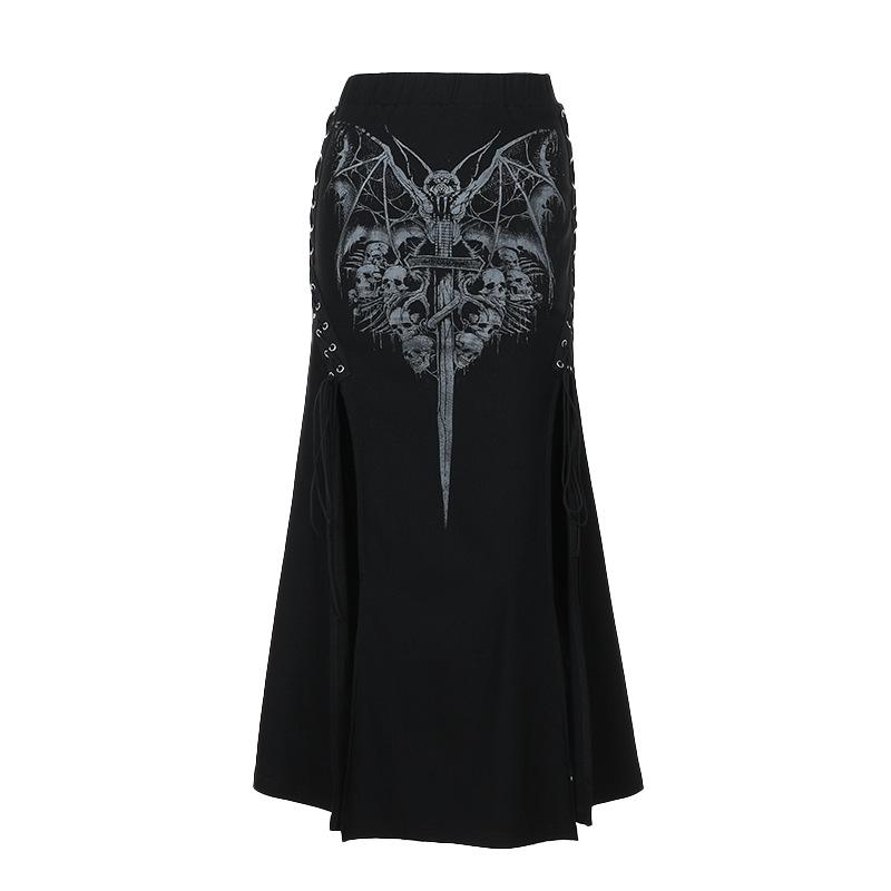 acelimosf™-High slit lace up bat print maxi skirt