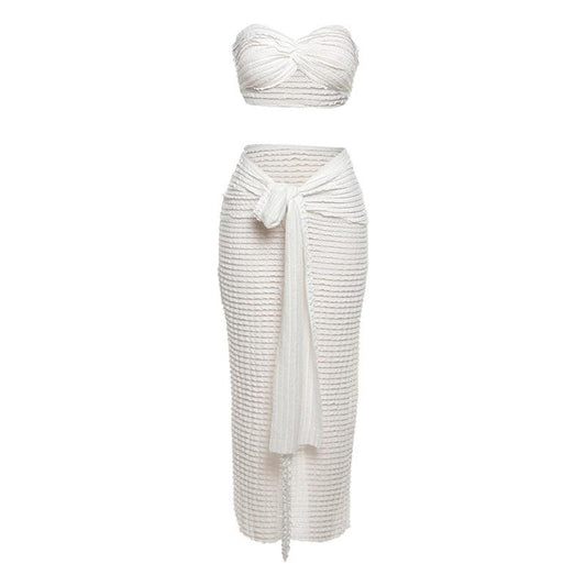 acelimosf™-Textured solid ruffle self tie knotted tube maxi skirt set