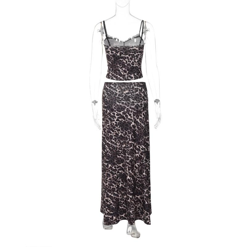 acelimosf™-Leopard print lace hem cami maxi skirt set