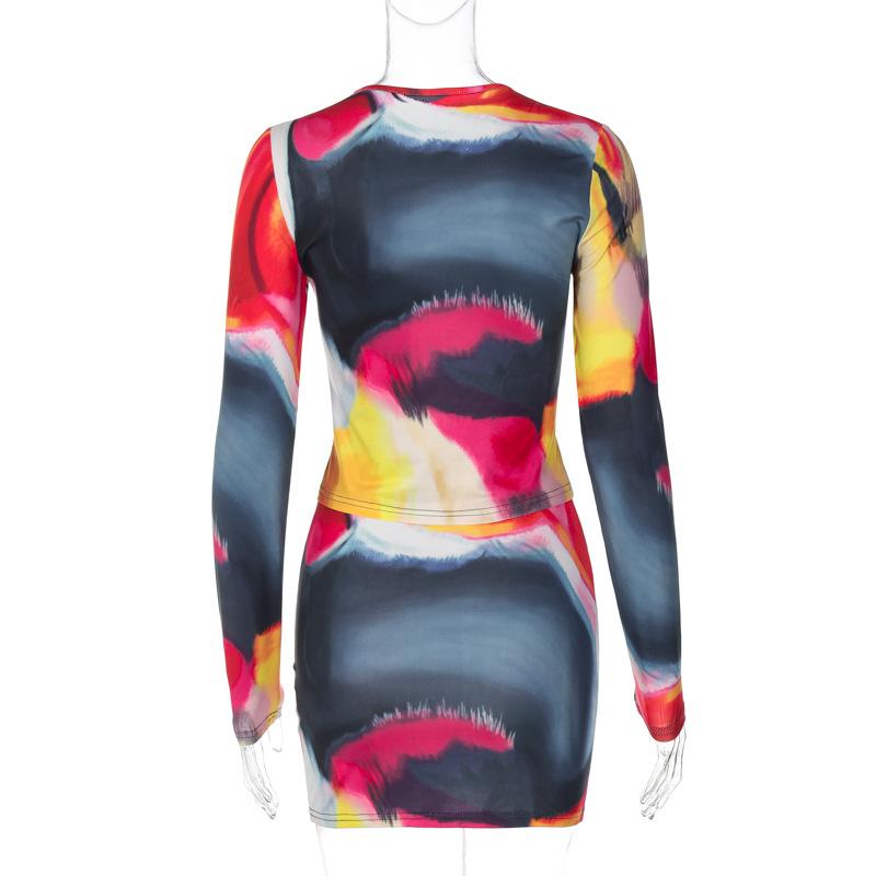 acelimosf™-Long sleeve tie dye round neck mini skirt set cyberpunk Sci-Fi Fashion