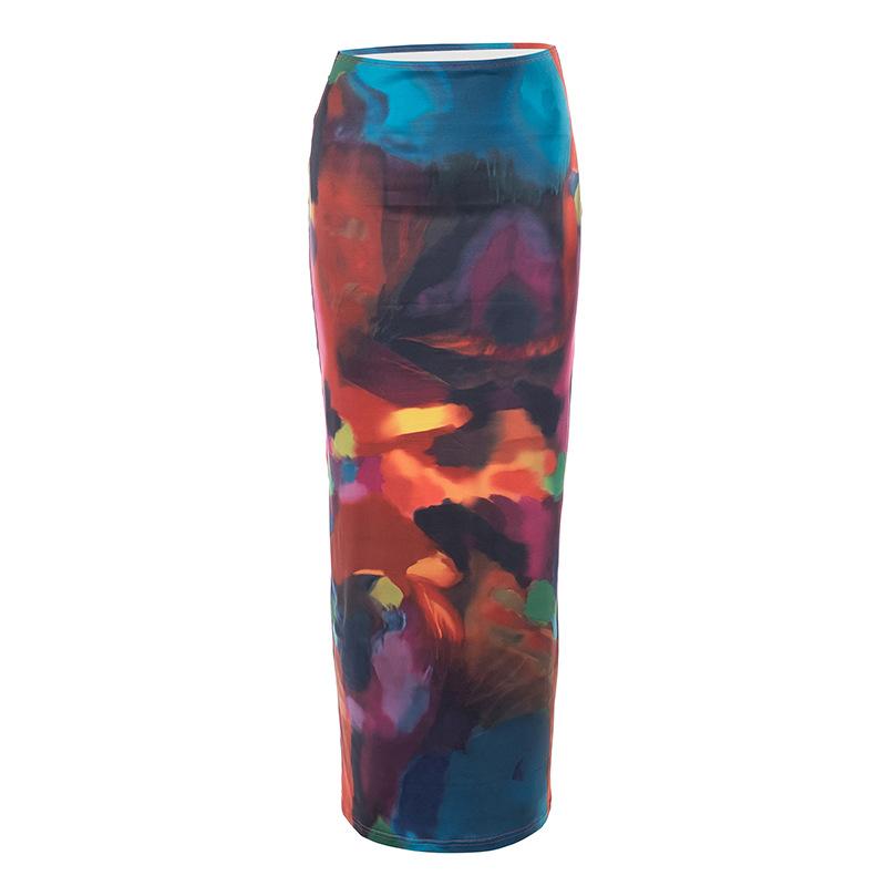 acelimosf™-Abstract print low rise contrast maxi skirt y2k 90s Revival Techno Fashion