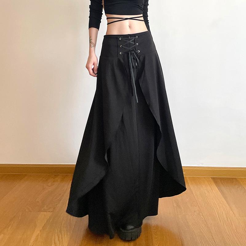 acelimosf™-Solid lace up patchwork zip-up low rise maxi skirt y2k 90s Revival Techno Fashion