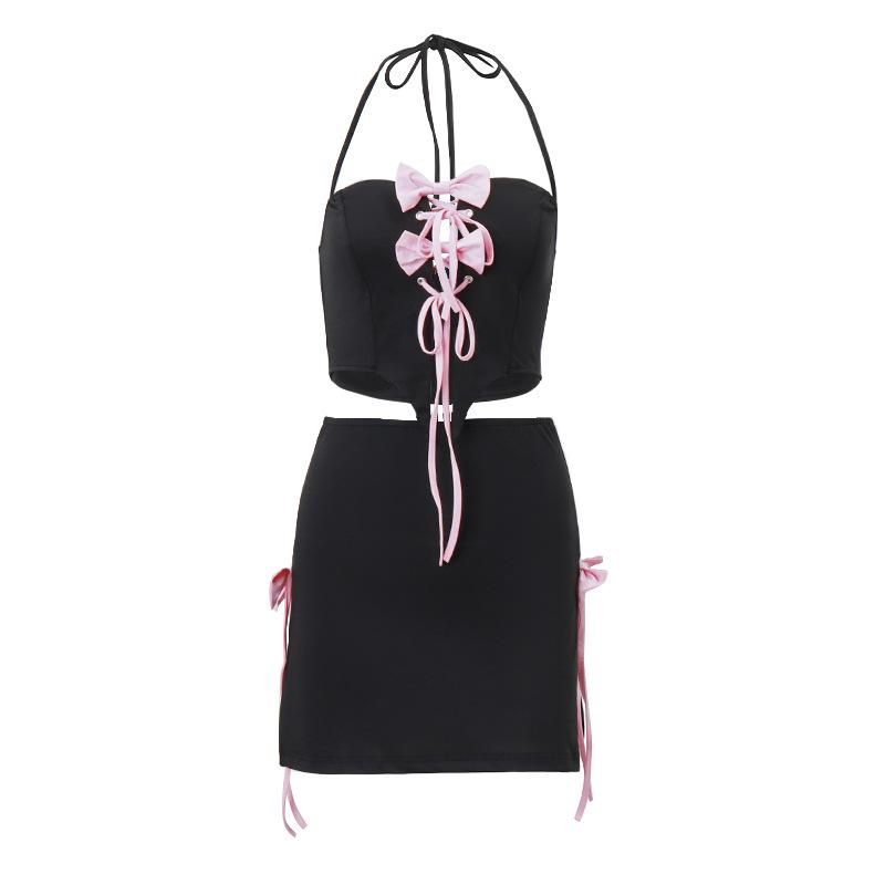 acelimosf™-Bowknot halter contrast self tie backless mini skirt set