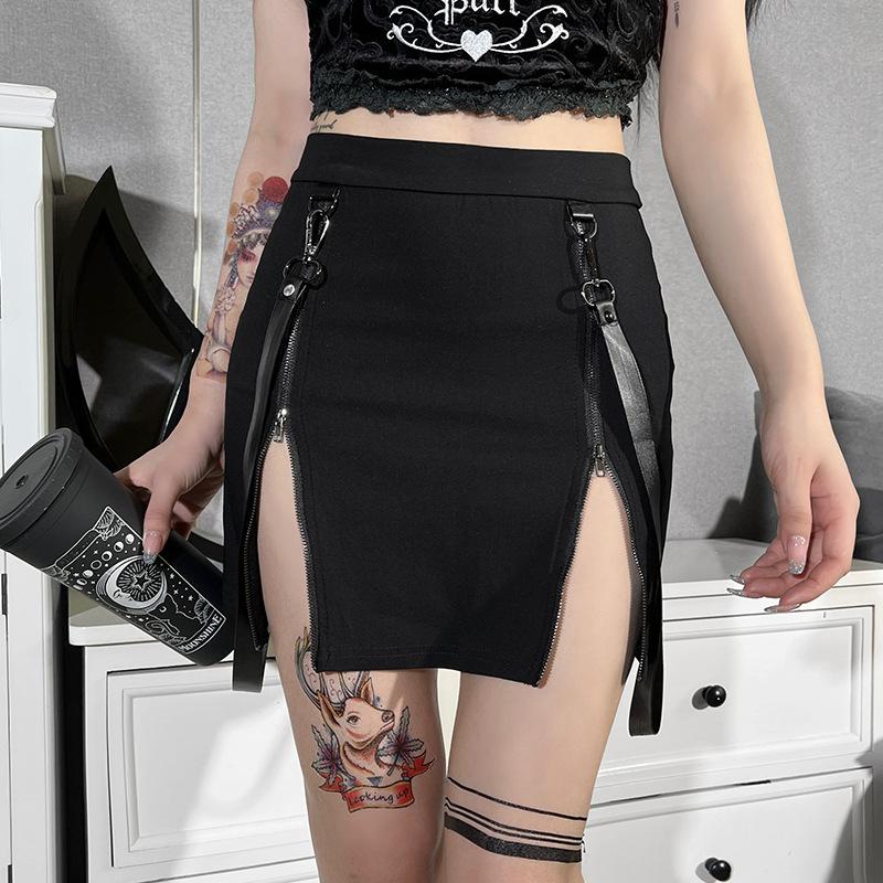 acelimosf™-Solid zip-up ribbon medium rise mini skirt y2k 90s Revival Techno Fashion