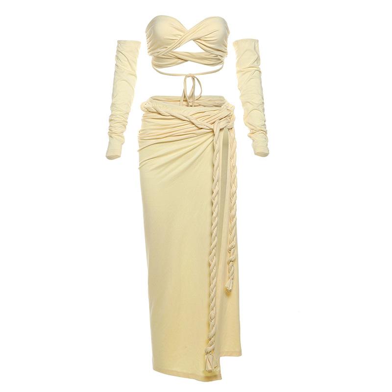 acelimosf™-Gloves one shoulder high slit self tie maxi skirt set