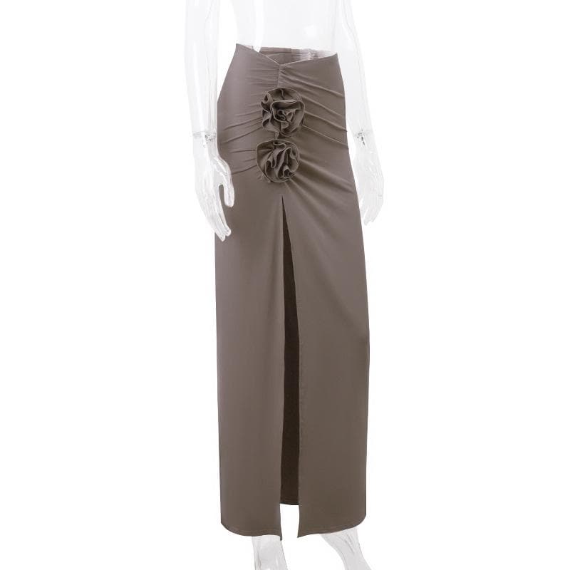 acelimosf™-Ruched high slit flower applique irregular solid maxi skirt