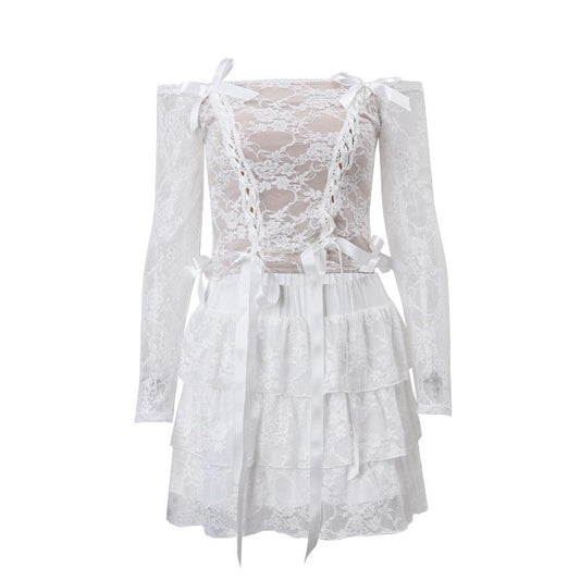 acelimosf™-Long sleeve off shoulder bowknot ribbon lace up ruched mini skirt set