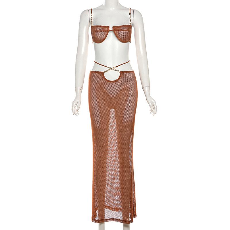 acelimosf™-See through bowknot knotted hollow out cami maxi skirt set