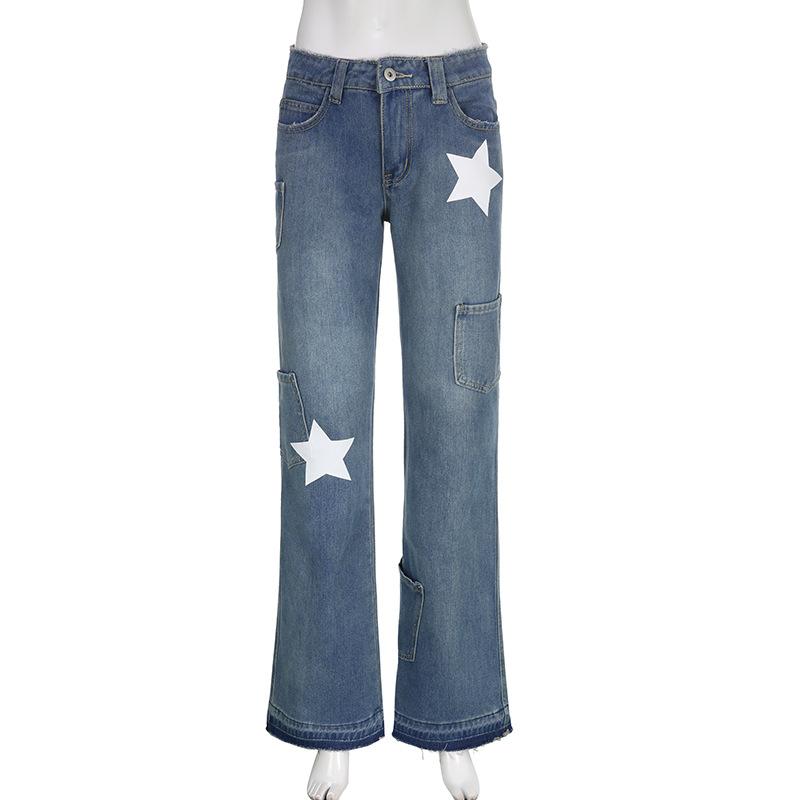 acelimosf™-Contrast star pattern raw hem pocket straight leg jeans grunge 90s Streetwear Disheveled Chic Fashion grunge 90s Streetwear Distressed Fashion