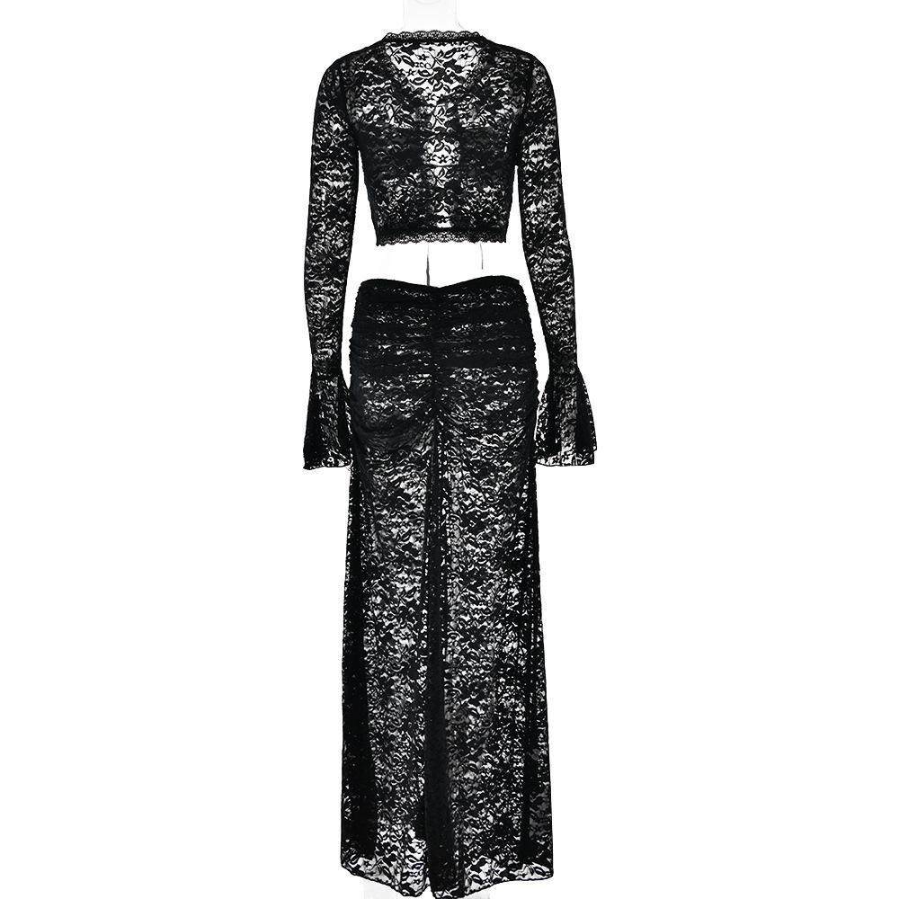 acelimosf™-Long flared sleeve lace see through maxi skirt set