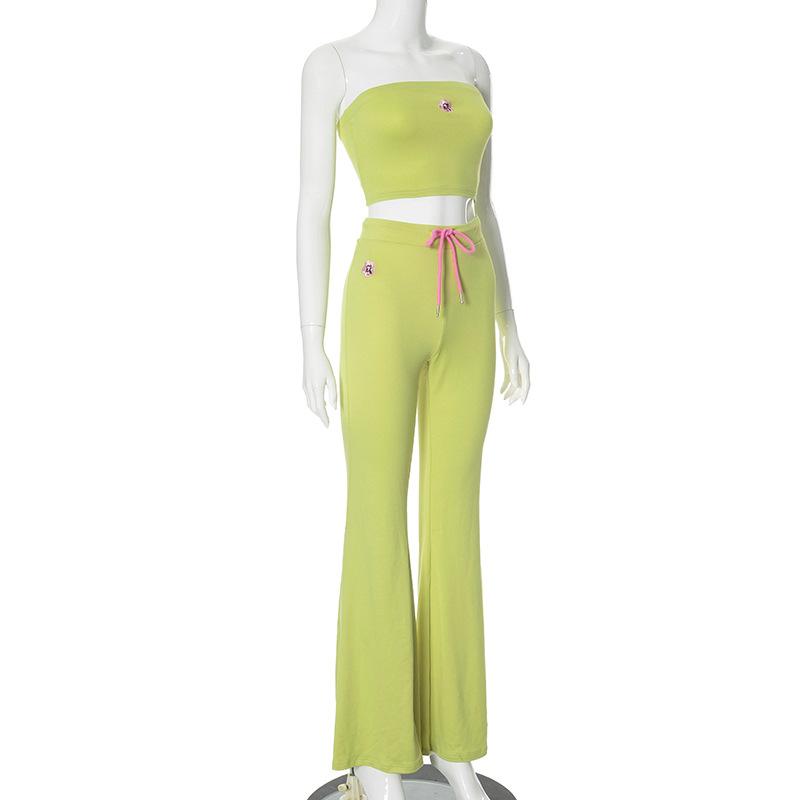 acelimosf™-Flower embroidery drawstring ruched tube pant set