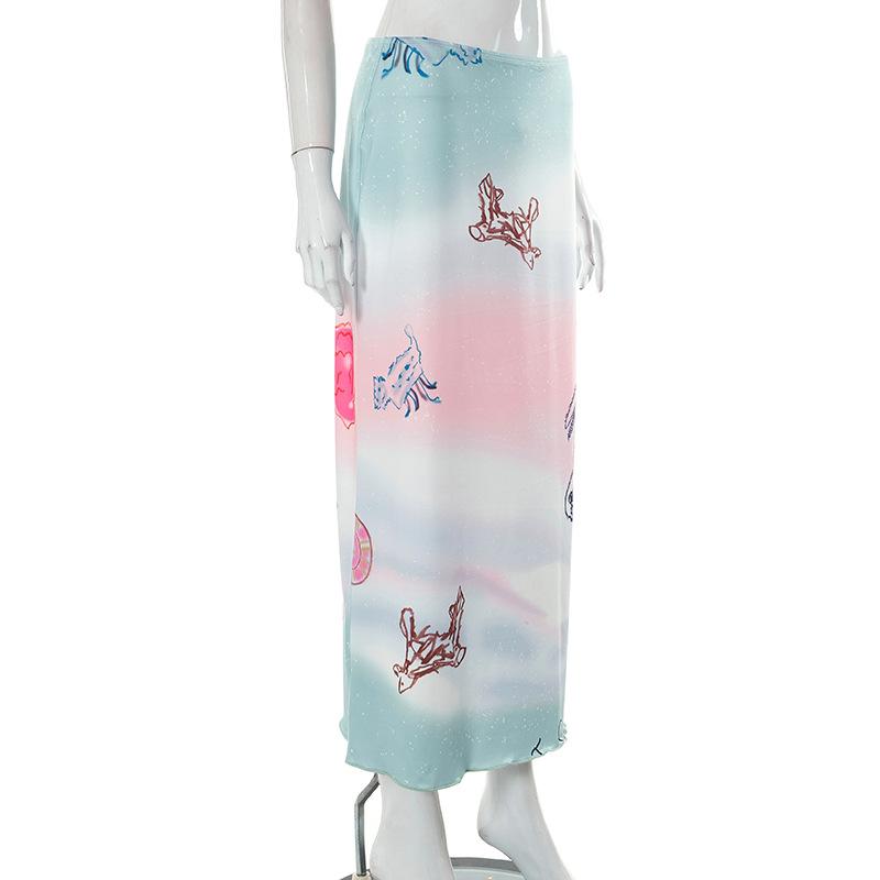 acelimosf™-Dog pattern low rise tie dye contrast maxi skirt