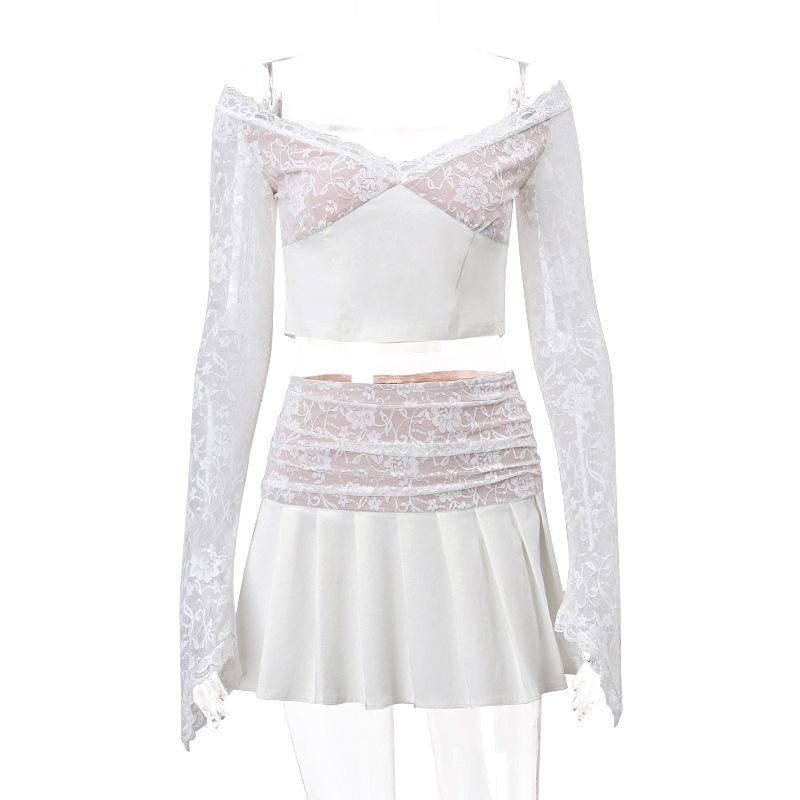 acelimosf™+Long flared sleeve lace patchwork pleated ruched zip-up mini skirt set