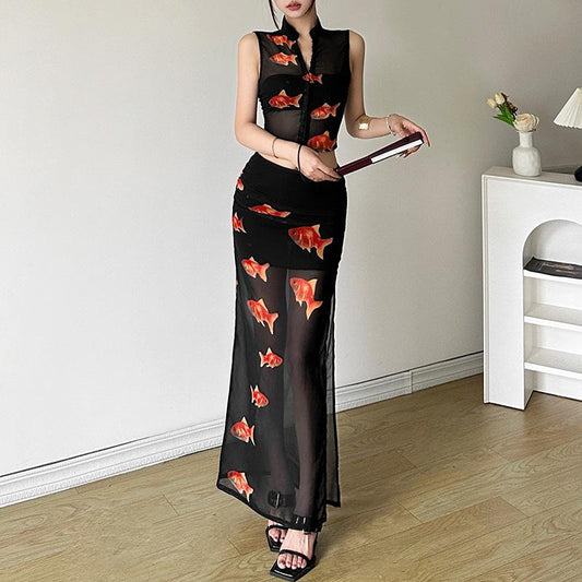 acelimosf™-High slit goldfish print button mesh see through maxi skirt set