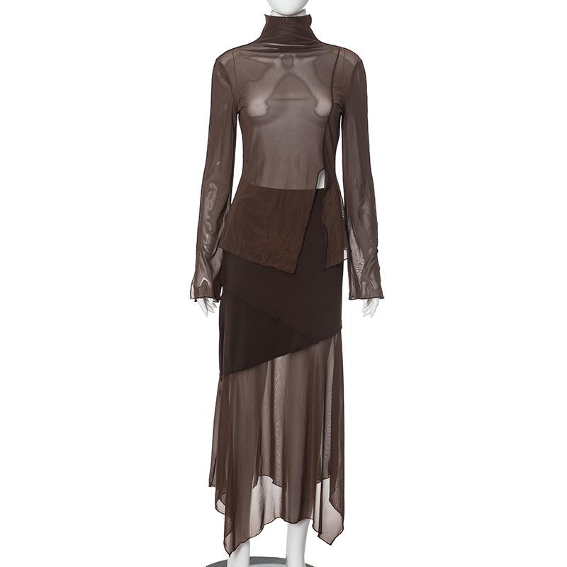 acelimosf™-High neck long sleeve mesh slit midi skirt set