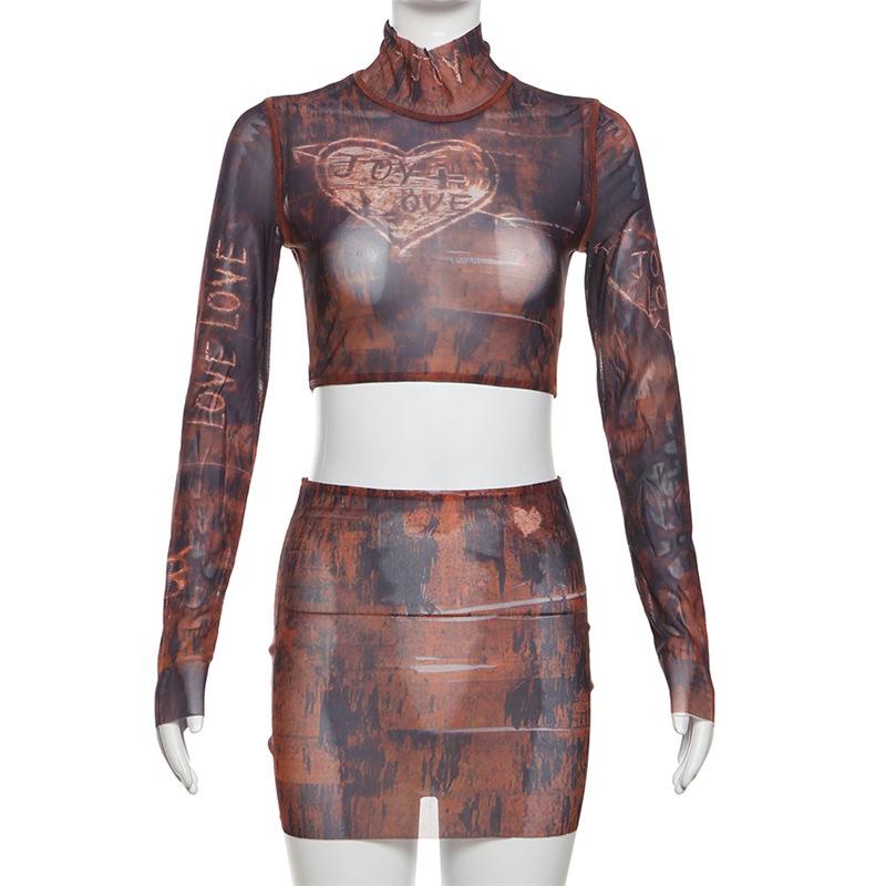 acelimosf™-Long sleeve high neck print sheer mesh crop mini skirt set