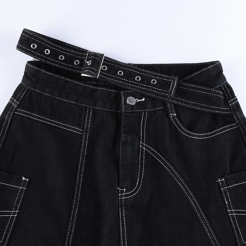 acelimosf™-Stitch belt irregular contrast low rise wide leg jeans y2k 90s Revival Techno Fashion